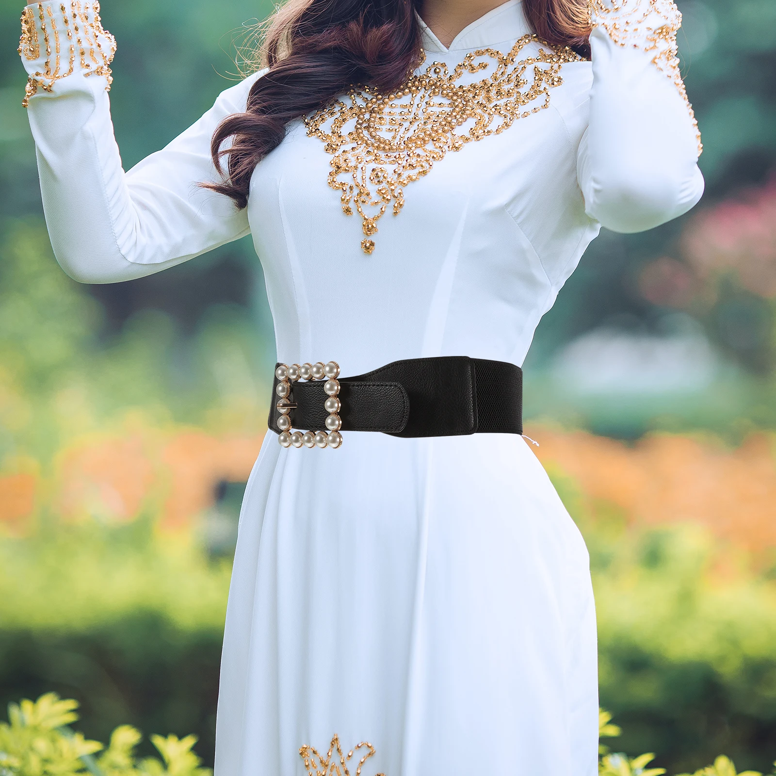 

Pearl Square Buckle Belt Women Fashion Decorative Waist Belts Ladies Cummerbund Elastic Waistband Corset Skirt Ornament