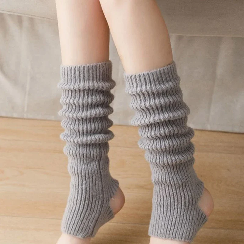 Winter Warm Knitted Leg Warmers for Women Girls Fashion Hollowed Out Foot Heel Leggings Thermal Knee High Socks Black White Gray