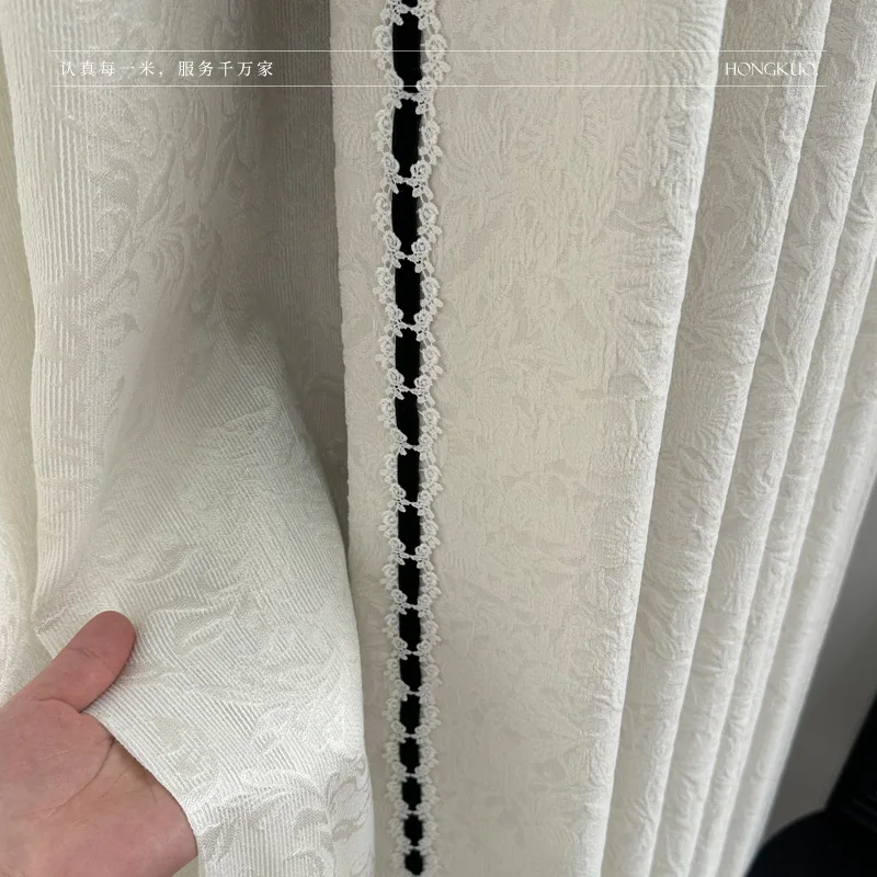 Chenille Curtains French Cream Style Jacquard Embossed Design, Double Door Width, Decorative Window Curtain for Bedroom
