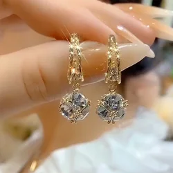 Unique Spherical Crystal Pendant C-shaped Gold Color Earrings for Women New Fashion Trend Personalized Girls Party Jewelry Gift