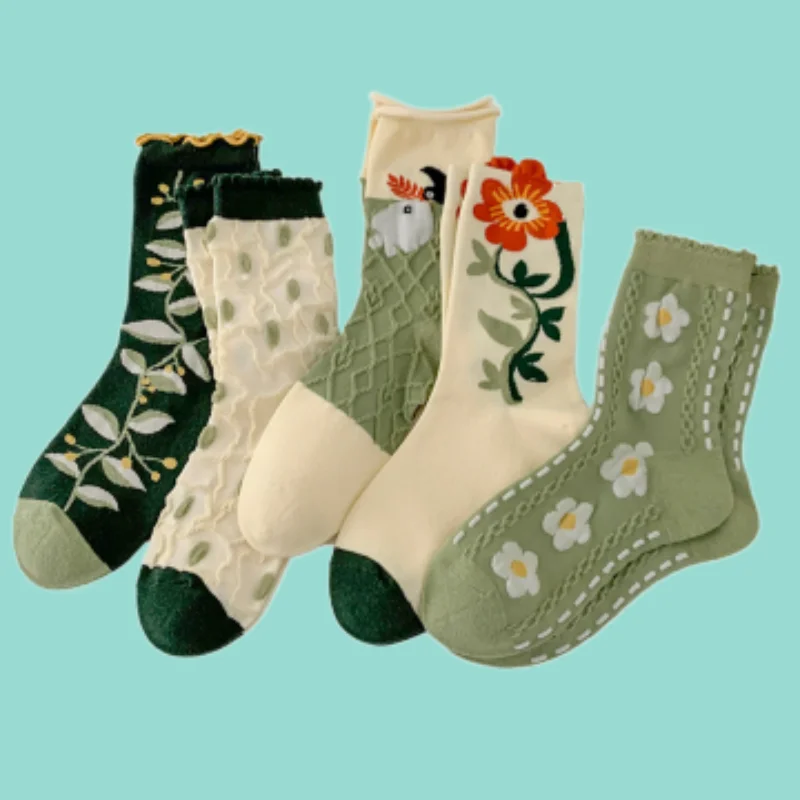 

3/6 Pairs New Fashion Retro College Style Forest Three-dimensional Flower Breathable Women's Socks High Quality Mid-tube Socks