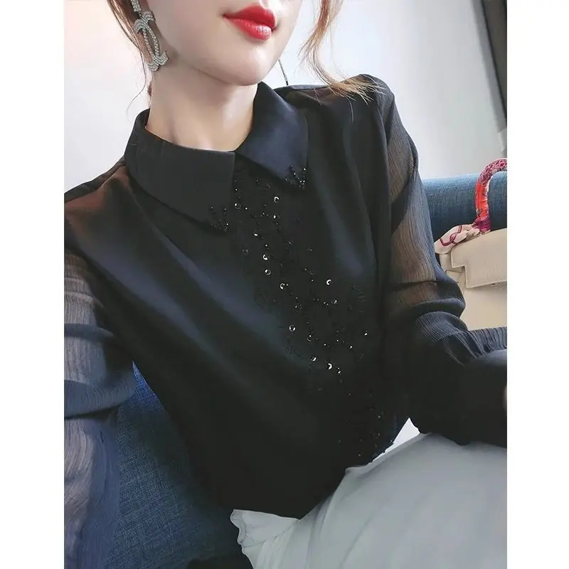 Camicia a maniche lunghe da donna primavera e autunno top in chiffon 2024 Camicia da donna nuova con versatile camicia con temperamento di copertura della pancia