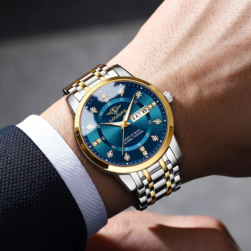 LOUISIFS Деловые мужские часы Водонепроницаемые светящиеся часы с датой недели Изысканные мужские наручные часы Классические мужские кварцевые часы из нержавеющей стали