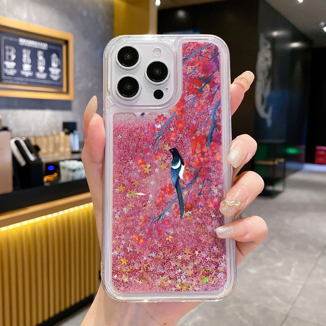 Coque de téléphone transparente de luxe en fleurs de cerisier, liquide dynamique, sable mouvant, pour iPhone 15 14 13 12 11 Pro Max, couverture arrière à paillettes