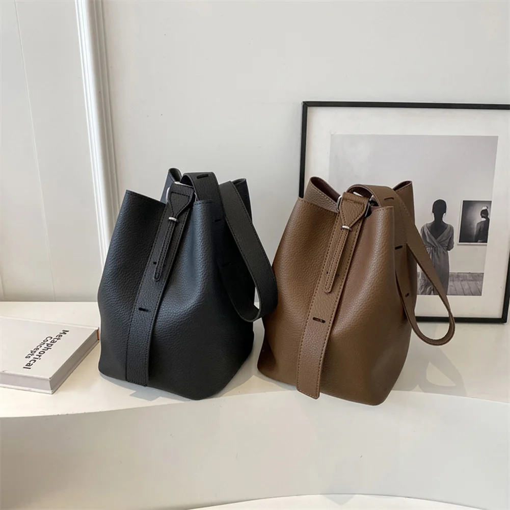 Women Casual Tote Handbag Large Capacity Leisure Bucket Bag Adjustable Strap Solid Color Simple Bag with Matching Clutch Set