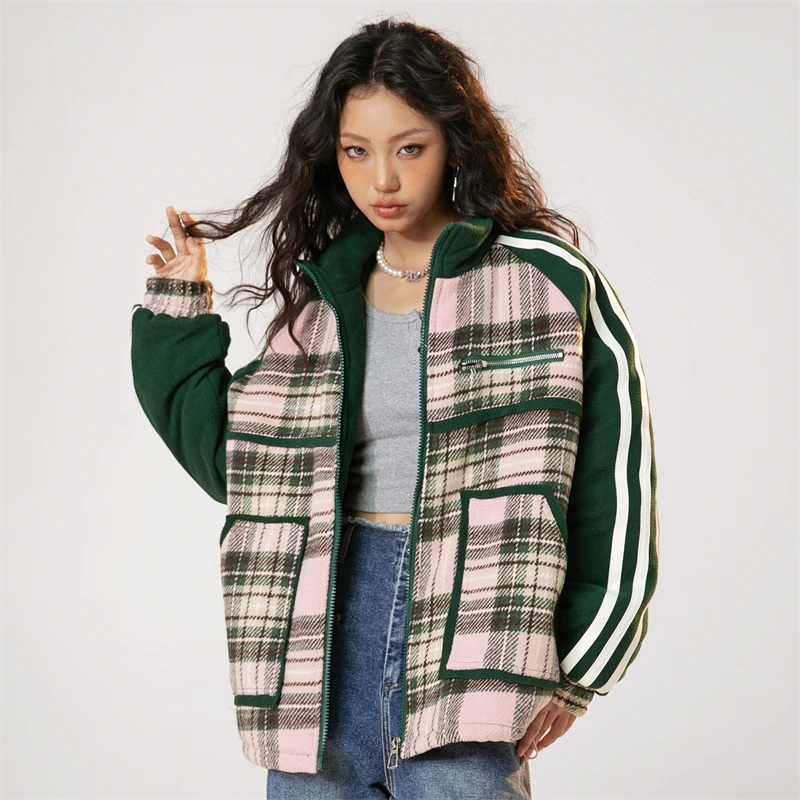 Women\'s Winter Short Down Jackets for Women 2023 Vintage Plaid Parka Couple Matching Jacket Winter Embroidery Men Winter Coat