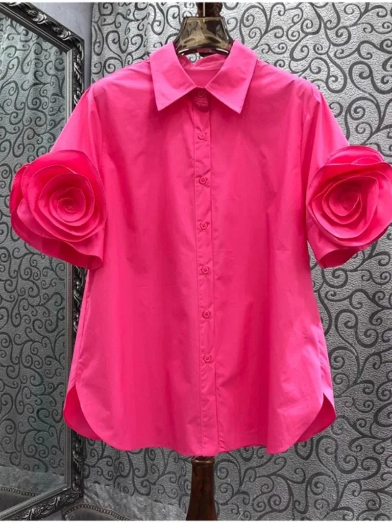 Turn Down Collar Stereo Flower Chic Short Sleeve Shirts Blusas Mujer De Moda 2024 Spring Summer Single-breasted Vintage Blouses