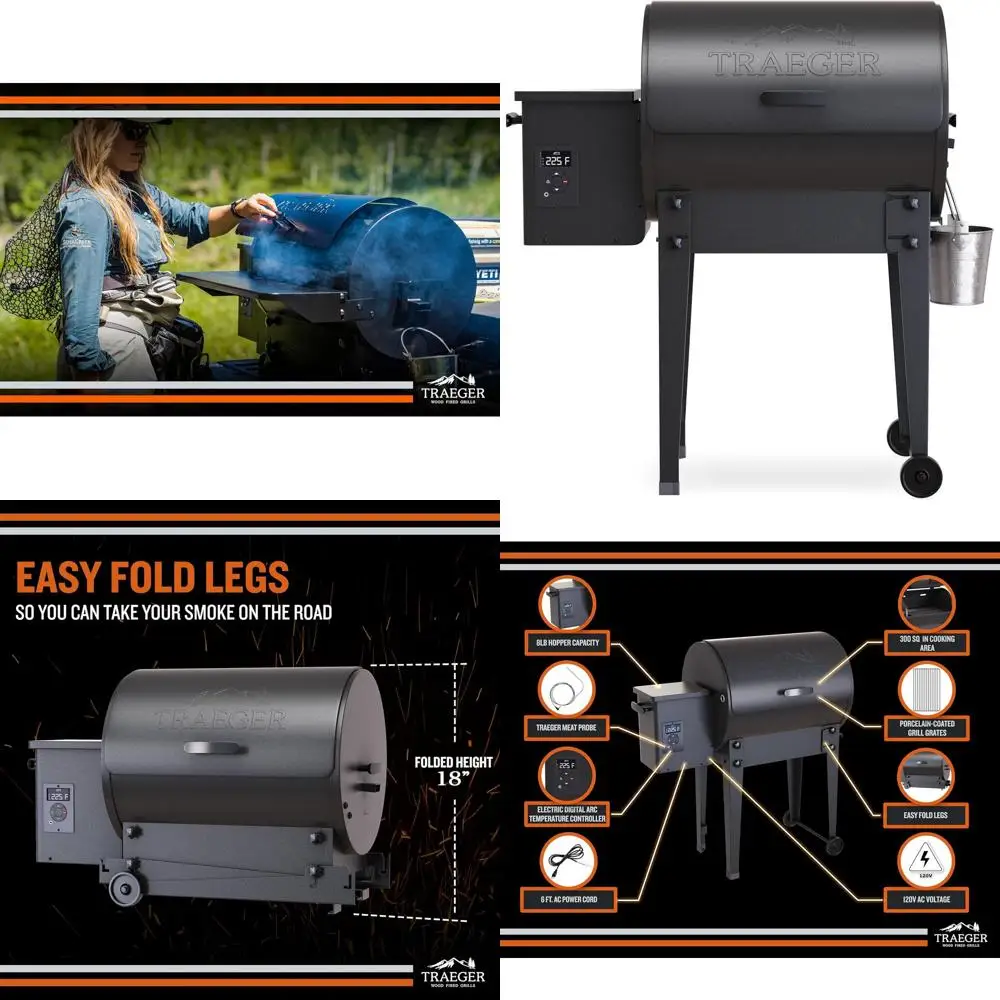 

Portable 6-in-1 Wood Pellet Grill and Smoker, 300 sq. in. Cooking, Foldable Legs for Outdoor BBQ and Camping