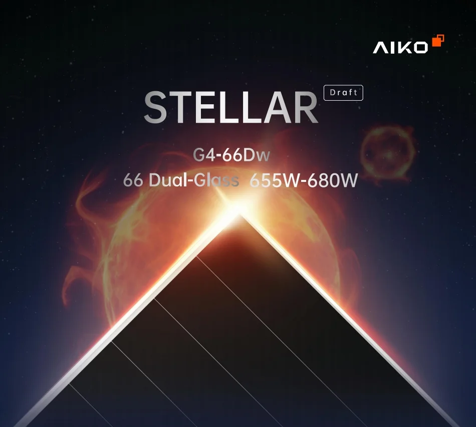 Dual Glass Monocrystalline 655 Watt 660W 670 Watt 680W Solar Panels Aiko Stellar G4 Industrial Commercial Draft N-Type Bifacial