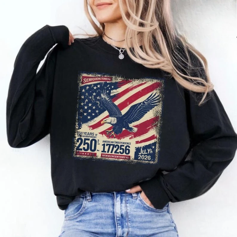 

Получесточная толстовка, джемпер на 250-летие, 4 июля, 2026 г., толстовка с круглым вырезом и патриотическим орлом, подарок на независимость, пуловер