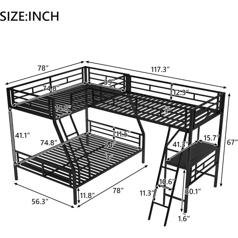 سرير معدني ثلاثي بطابقين على شكل حرف L مع مكتب، مزدوج فوق مساحة نوم كاملة، يتضمن علويًا وسلمًا مزدوجًا للأطفال #2