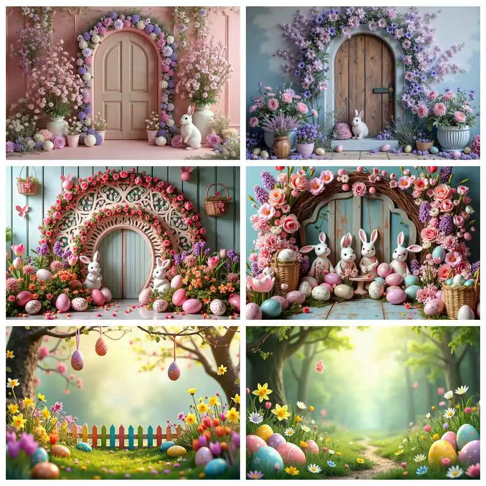 

MOON.QG 2025 Easter Decoration Backdrop Bunny Rabbit Egg Spring Green Pink Garden Tulip Background Outdoor Photography Photocall