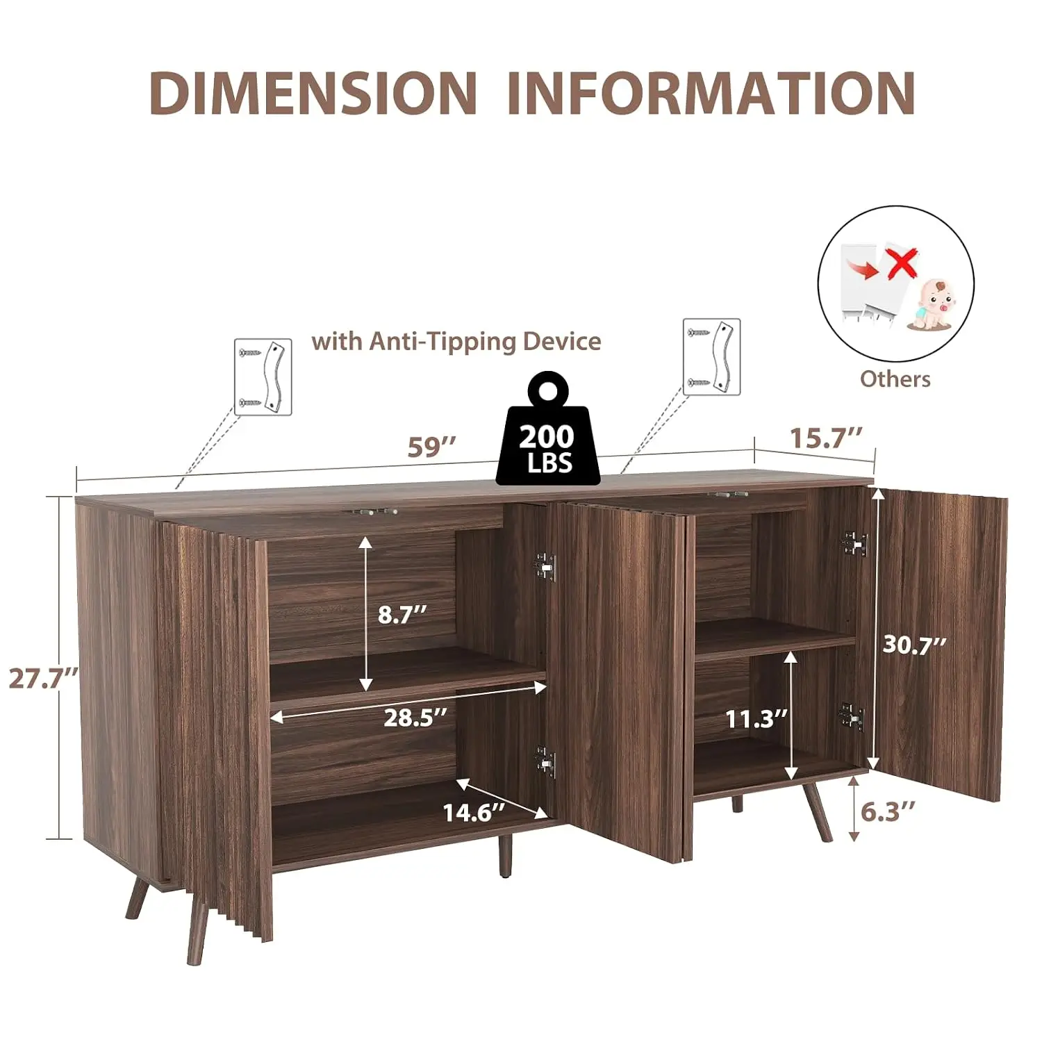 Fluted Buffet Sideboard with Storage, 59