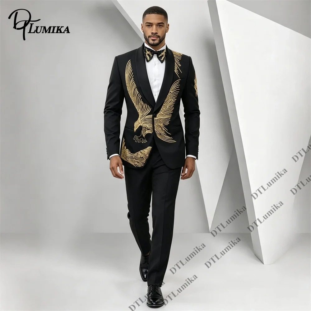 Black Gold Eagle Embroidery Tuxedo 2 Piece Men Suit Shawl Lapel Large Bird Pattern Formal Suit For Groom Wedding Stage Party