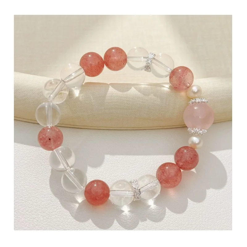 

Natural Strawberry Crystal Light Pink Round Bead Bracelet Women's Summer New Small Fresh Design Fashion Bracelet