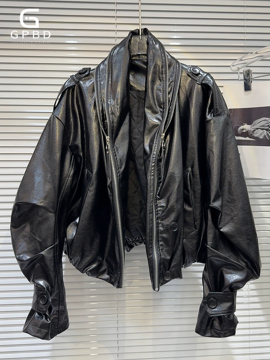 

Однотонные свободные кожаные куртки на молнии для женщин, модная женская куртка с лацканами и длинными рукавами, лоскутные карманы