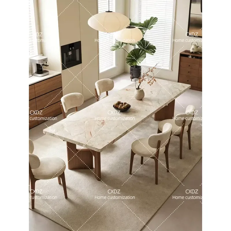 Medium Antique Rectangular Slate Dining Table Solid Wood Base Retro Rock Slab Medieval Cave Stone Design for Home Kitchen