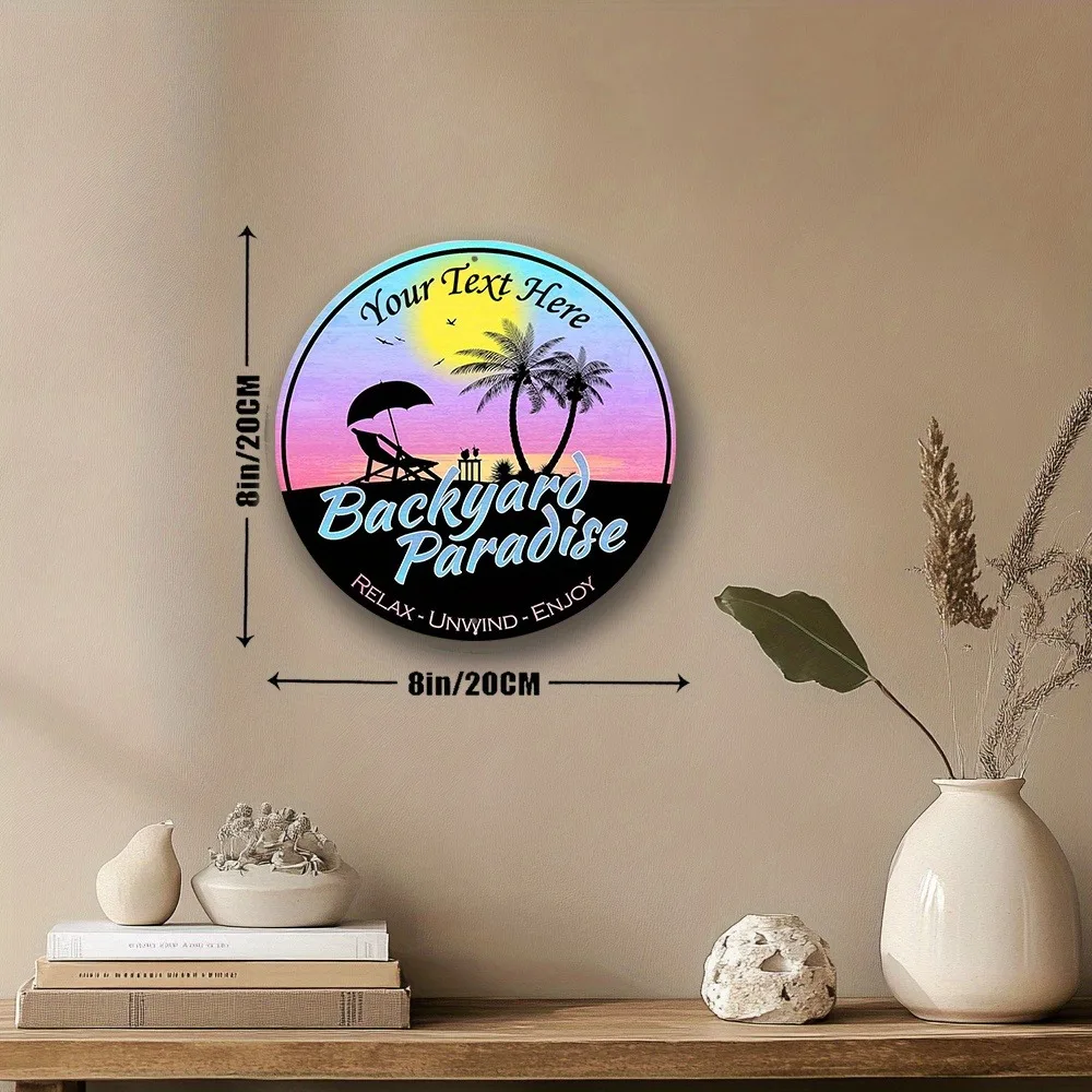 [2D Flat] 1pc Custom Text Sunset Palm Tree Backyard Paradise Round Aluminum Wall Sign (Only For Decoration)