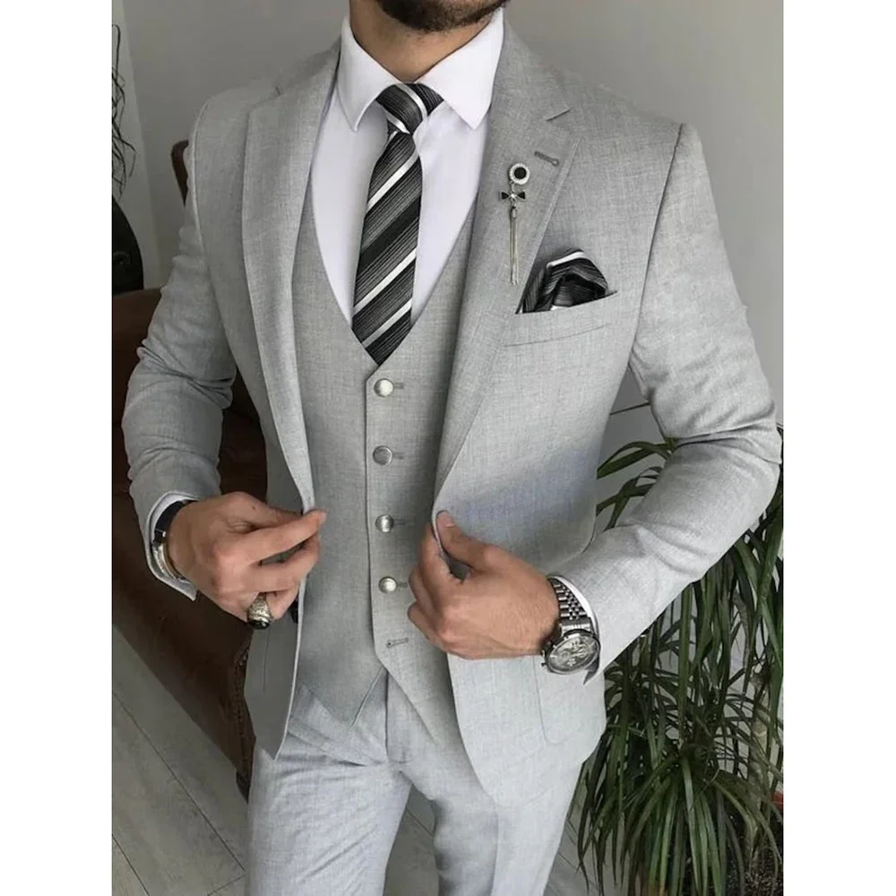 Costumes décontractés 3 pièces pour hommes, veste et pantalon, blazer gris à simple boutonnage, revers cranté, coupe couvertes, vêtements de fête de Rh