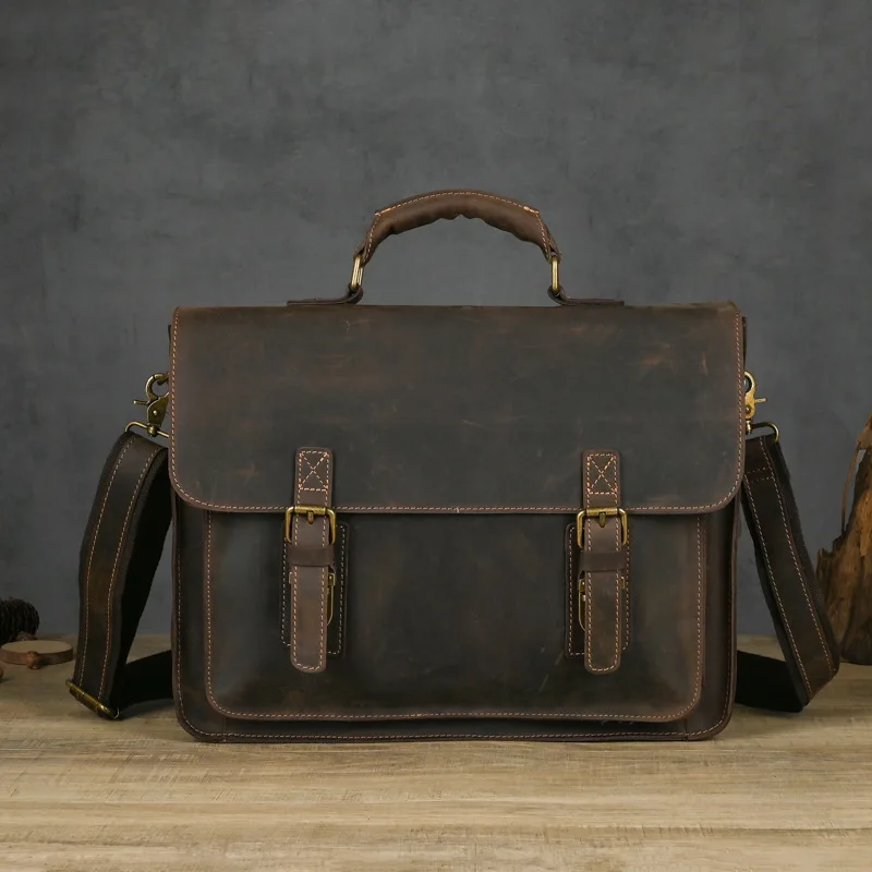 Men Genuine Leather Briefcase 15 Inch Laptop Bag Vintage Crazy Horse Leather Business Shoulder Messenger Bag for Work Office