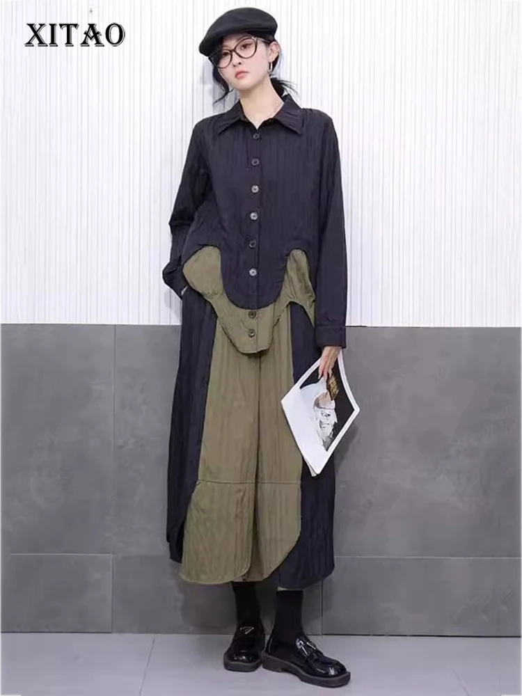 

XITAO Patchwork Single Breasted Women Set Casual Turn-down Collar Full Sleeve Vintage Elegant A-line Spring Female Set GYX1537