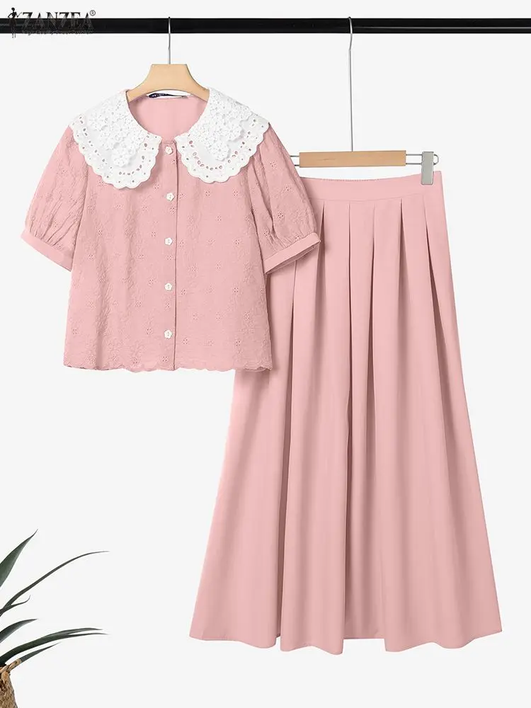 Elegant Women Dress Sets Romantic Peter-Pan Collar Short Puff Sleeve Tops and Midi Skirts 2 Pcs Suits ZANZEA Chic Woman Outfits