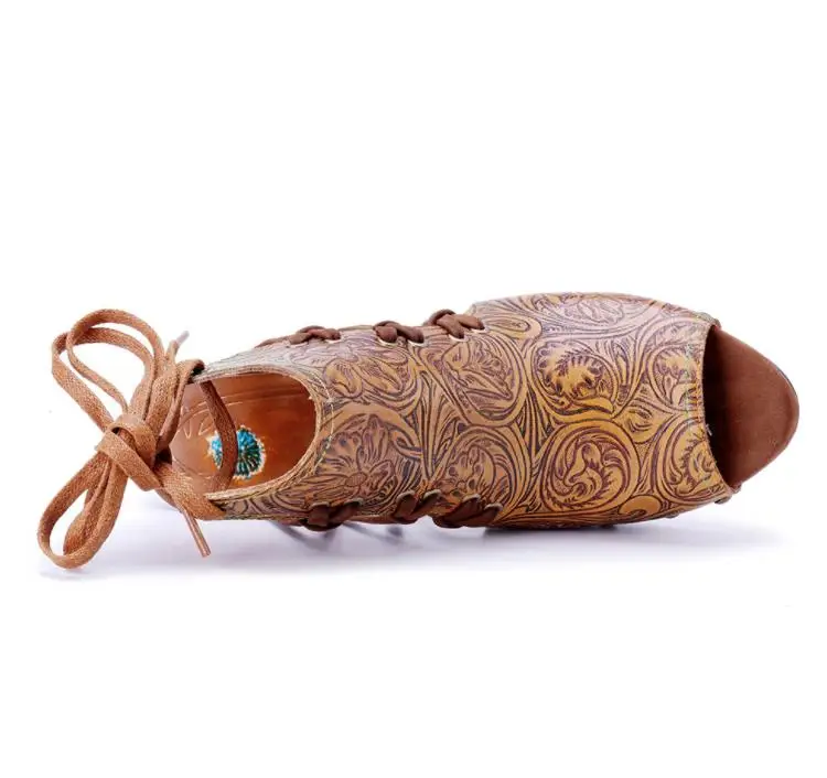 Merek Tinggi 7.7CM Kulit Domba Wanita Etnis Musim Panas Hak Tebal Ukuran Besar Peep Toe Pompa Diikat Silang Sandal Sepatu Mokasin