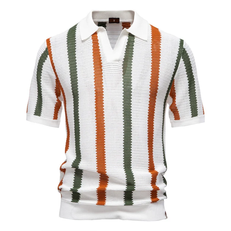 2025New summer style breathable hollow men's short sleevespoloStriped Sweater European Size