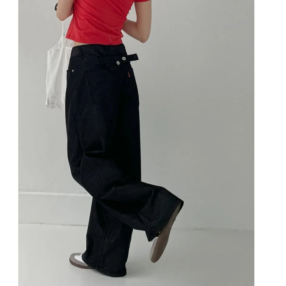 

Casual Loose Cotton Denim Jeans High Waist Wide Leg Pants Back Button Detail Vintage Style for Young Women Autumn Season