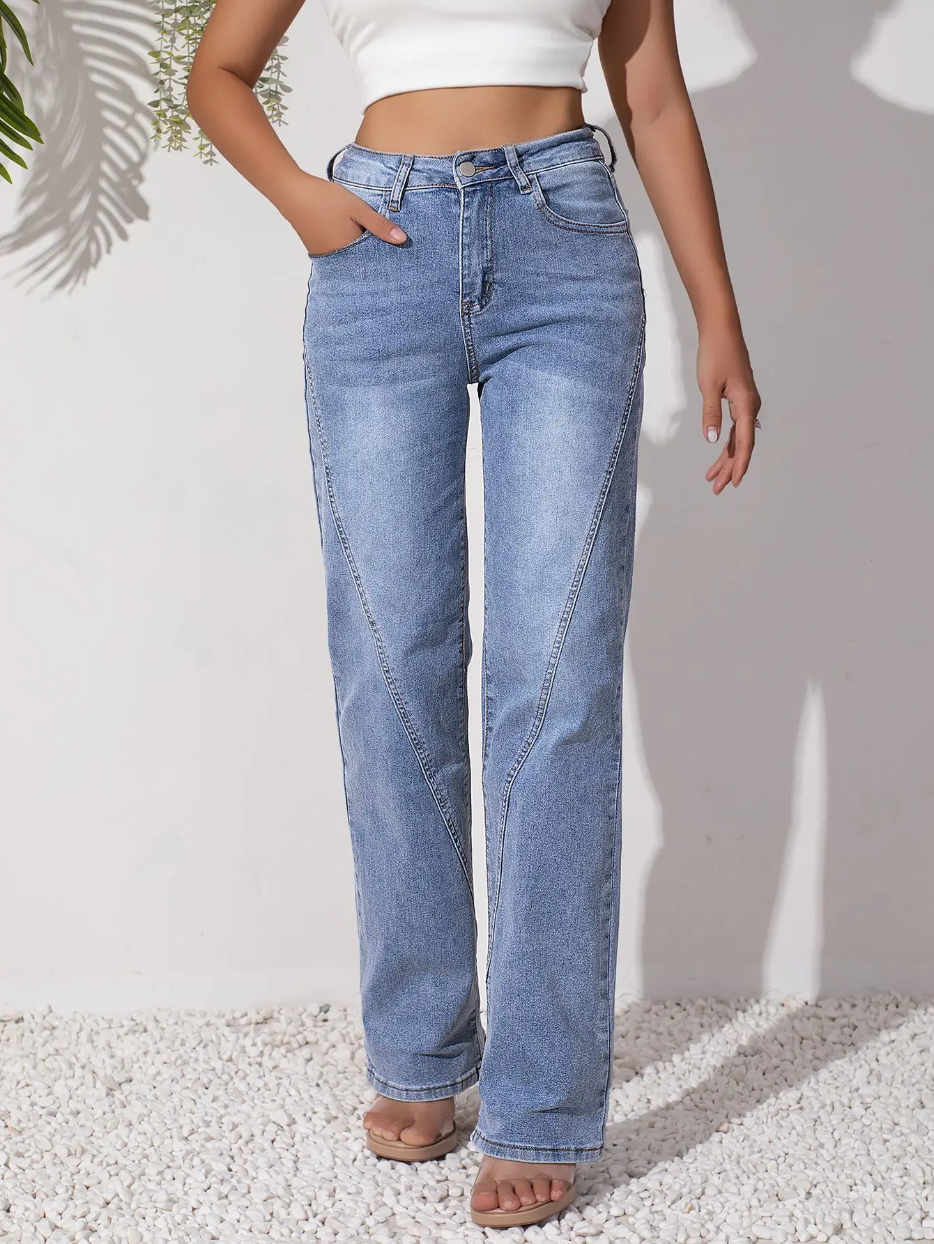 2025 Spring and Autumn New Women's Jeans Simple Elastic Fashion Loose Straight Pants Exquisite and Stylish Blue Pants