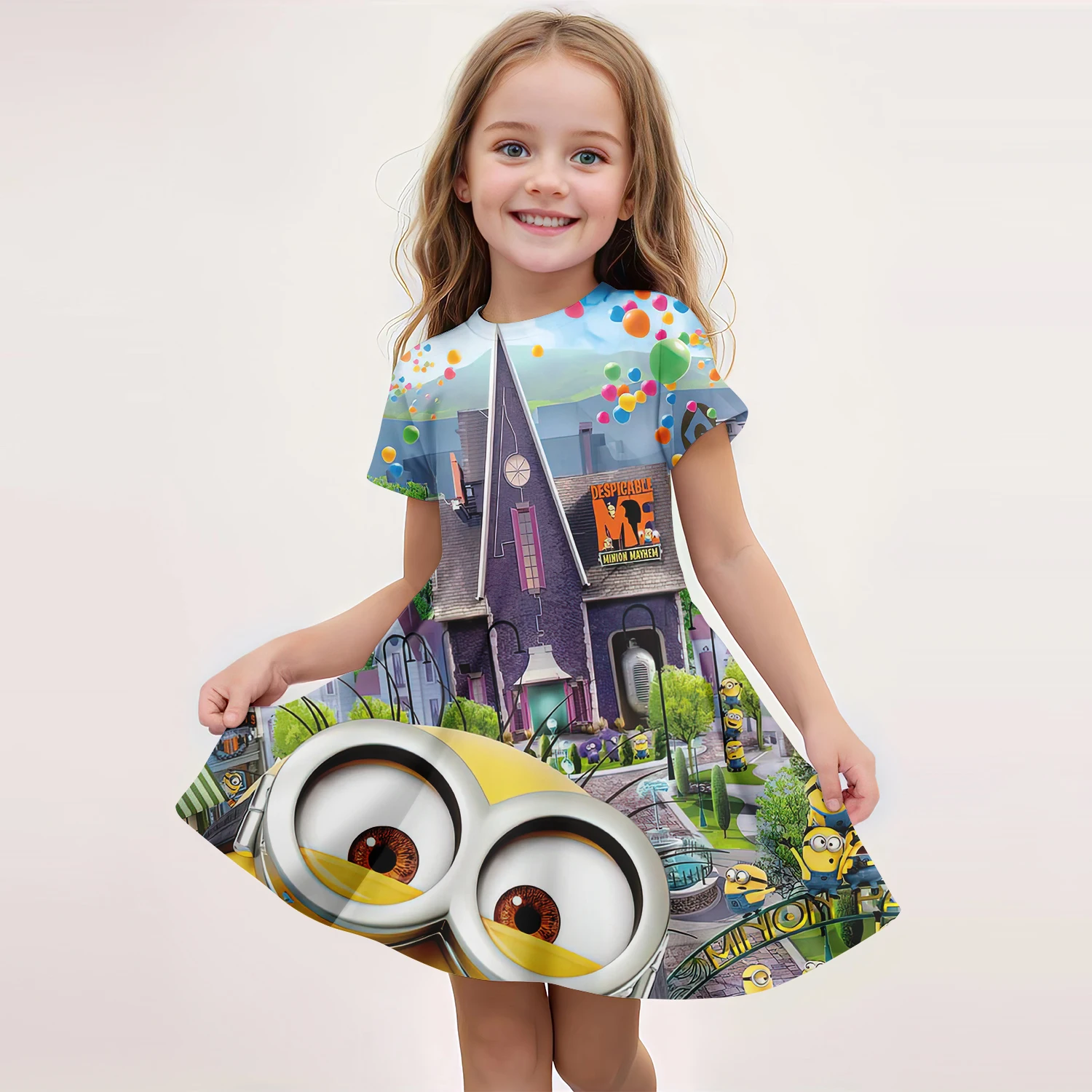 Despicable Me Minions Party Casual Home Dresses For 3-14 Years Children Baby Girl 3D Print Imitation Cotton Short Sleeves Dress