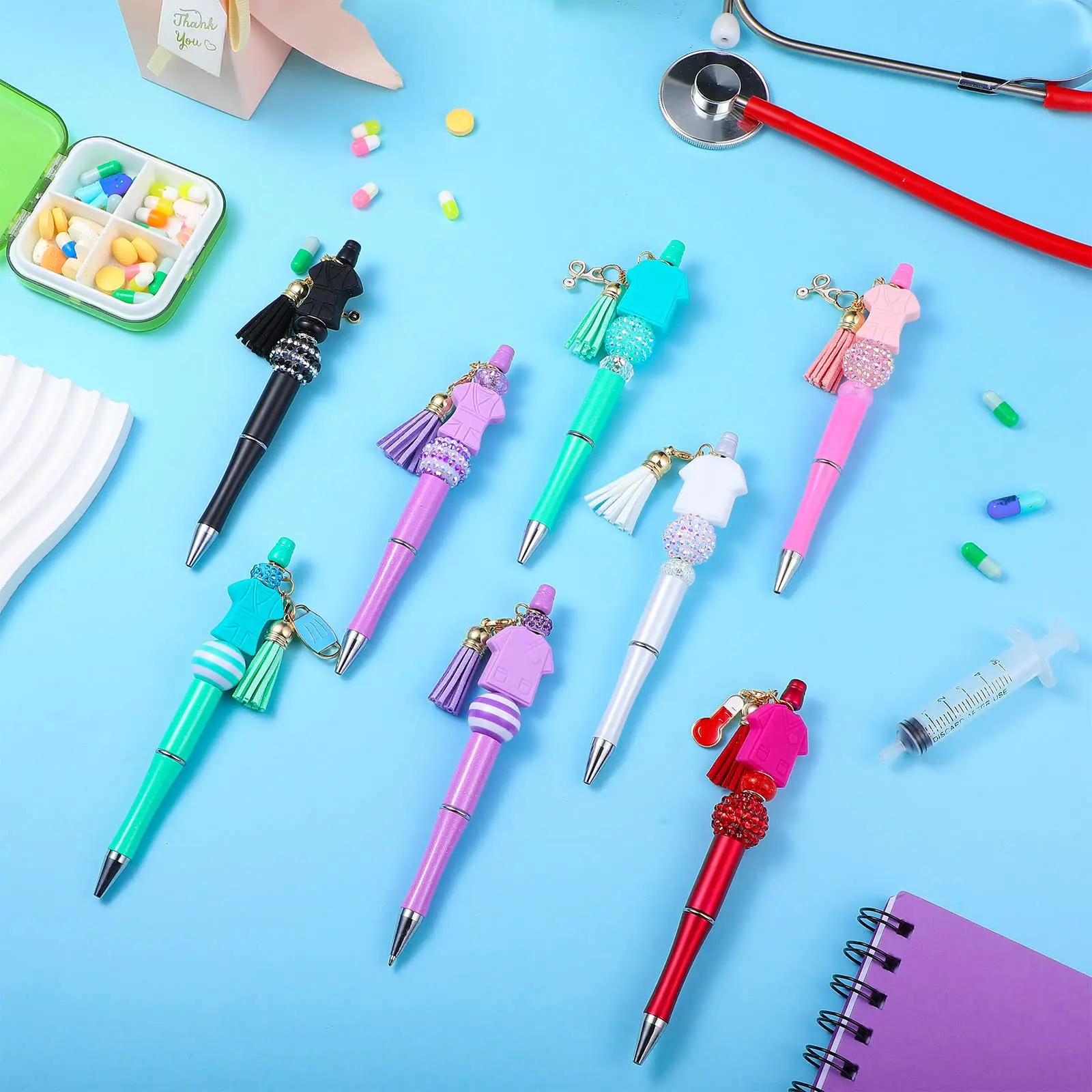 100Pcs Newest Colour Creative Plastic Beaded Pen Ballpoint Pen Printable Beadable Pen DIY Gift for Student Office Supplies