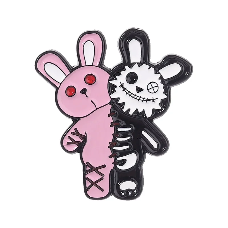 

Terrifying-Gothic Rabbit Enamel Pin Horror Half Pink Bunny & Half Black Skeleton Rabbit Brooch Bag Lapel Badge Fun Jewelry Gift