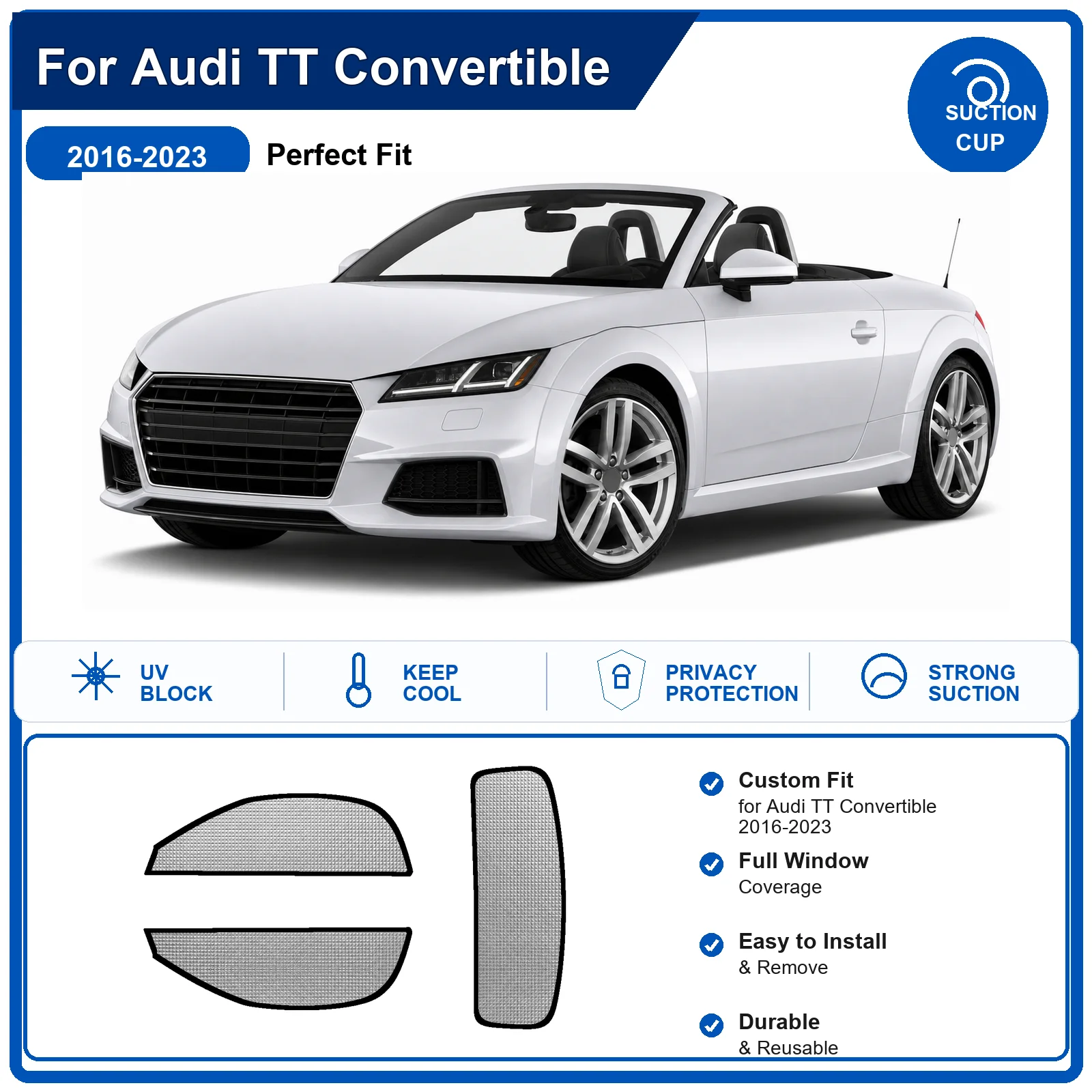 For Audi TT Convertible 2016-2023 Custom Full Set Windshield Sun Shade Aluminum Foil Heat Insulation Anti UV Foldable