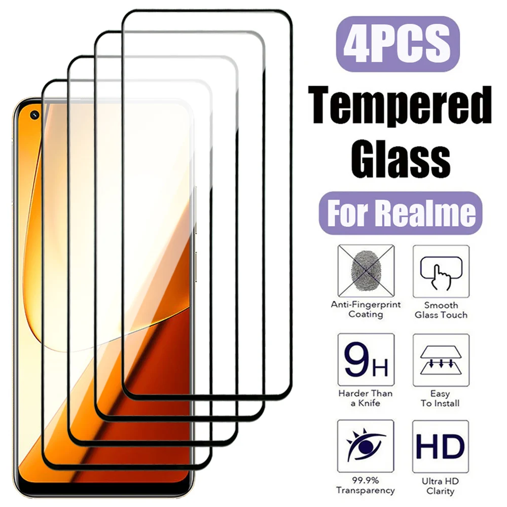 4Pcs Full Tempered Glass For OPPO Realme 11 10 9 8 Pro Screen Protector C20 C21 C25 C30 C31 C33 C35 C51 C53 C55 Protective Film