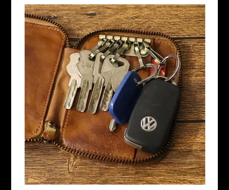 New Head Layer Cowhide Key Bag Retro Handmade Bag Zipper Large Capacity Multi functional Plant Tanned Leather Handmade Key Case