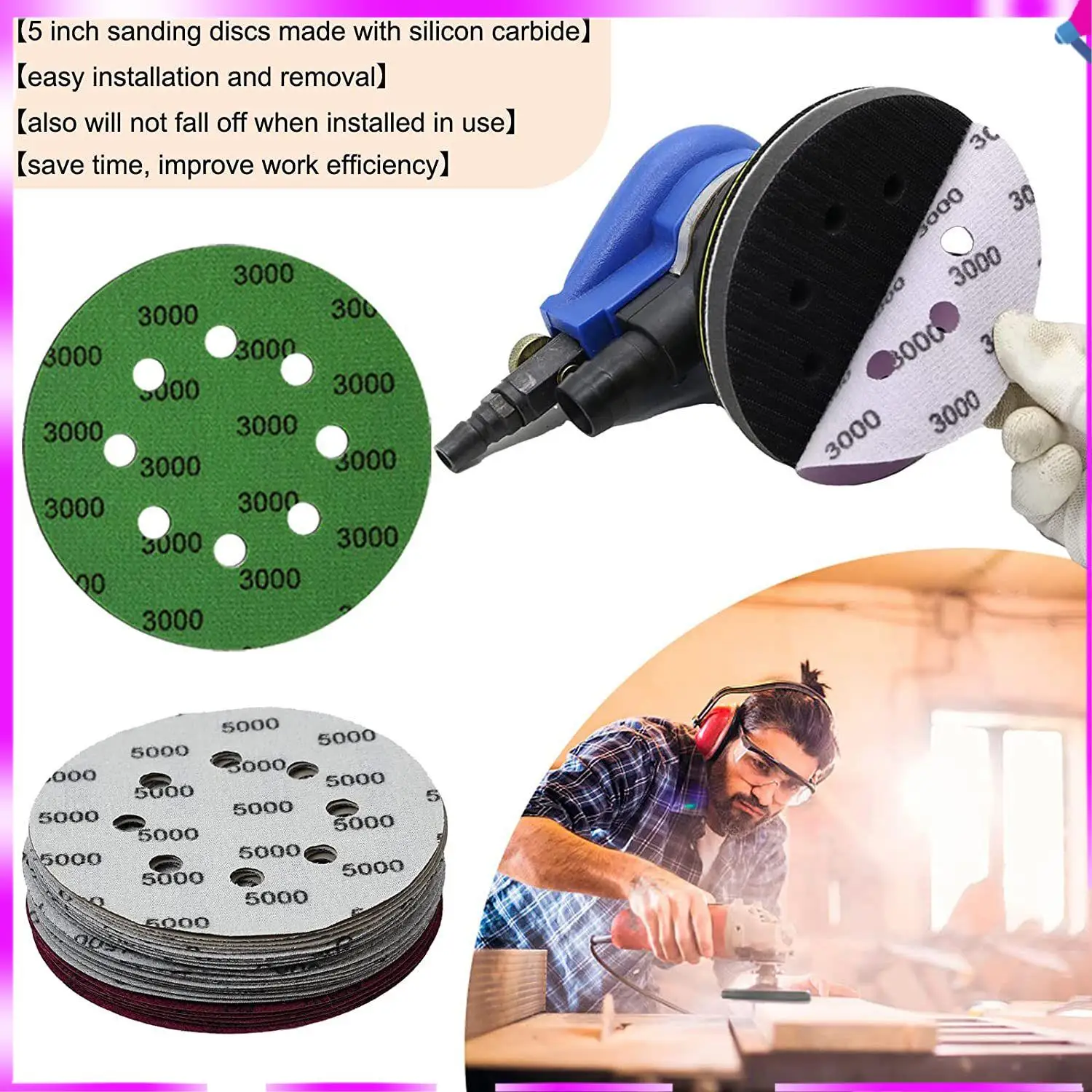 N96r 30 peças conjuntos de discos de lixa de 5 polegadas, gancho e laço 5 polegadas combinação de 8 furos (800/1000/1500/2000/3000/5000) lixa nova