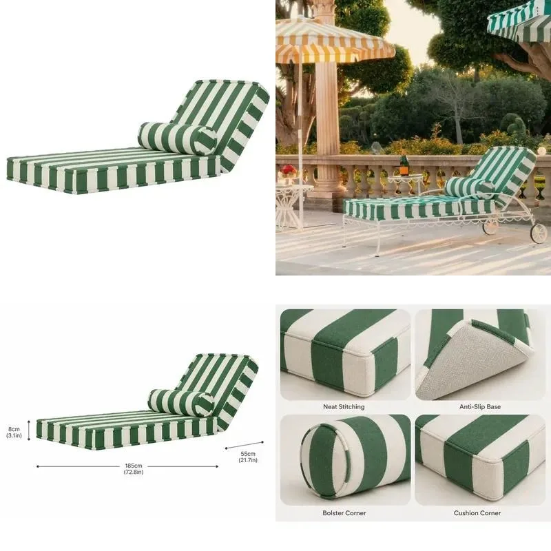 Outdoor forest green and white striped waterproof anti-ultraviolet quick-drying high-density foam back recliner cushion
