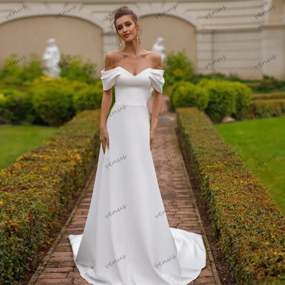 

Simple Wedding Dresses Satin Sheath Mermaid Off The Shoulder Robes Backless Bridal Gowns Graceful Floor Length Vestidos De Novia