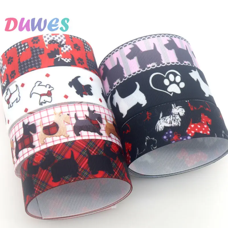 DUWES 50yards Collie Dog Scotland Printed Grosgrain Ribbon Accessories Material Headwear Decoration DIY Sewing Craft D1848