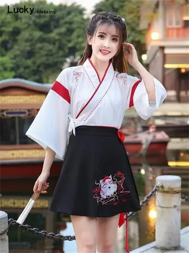 Imagen 1 del producto Vestido japonés estilo Kimono para mujer, falda con bordado de gato blanco y negro, ropa asiática Vintage, disfraz de fiesta Yukat, Cosplay de Anime, harajuku