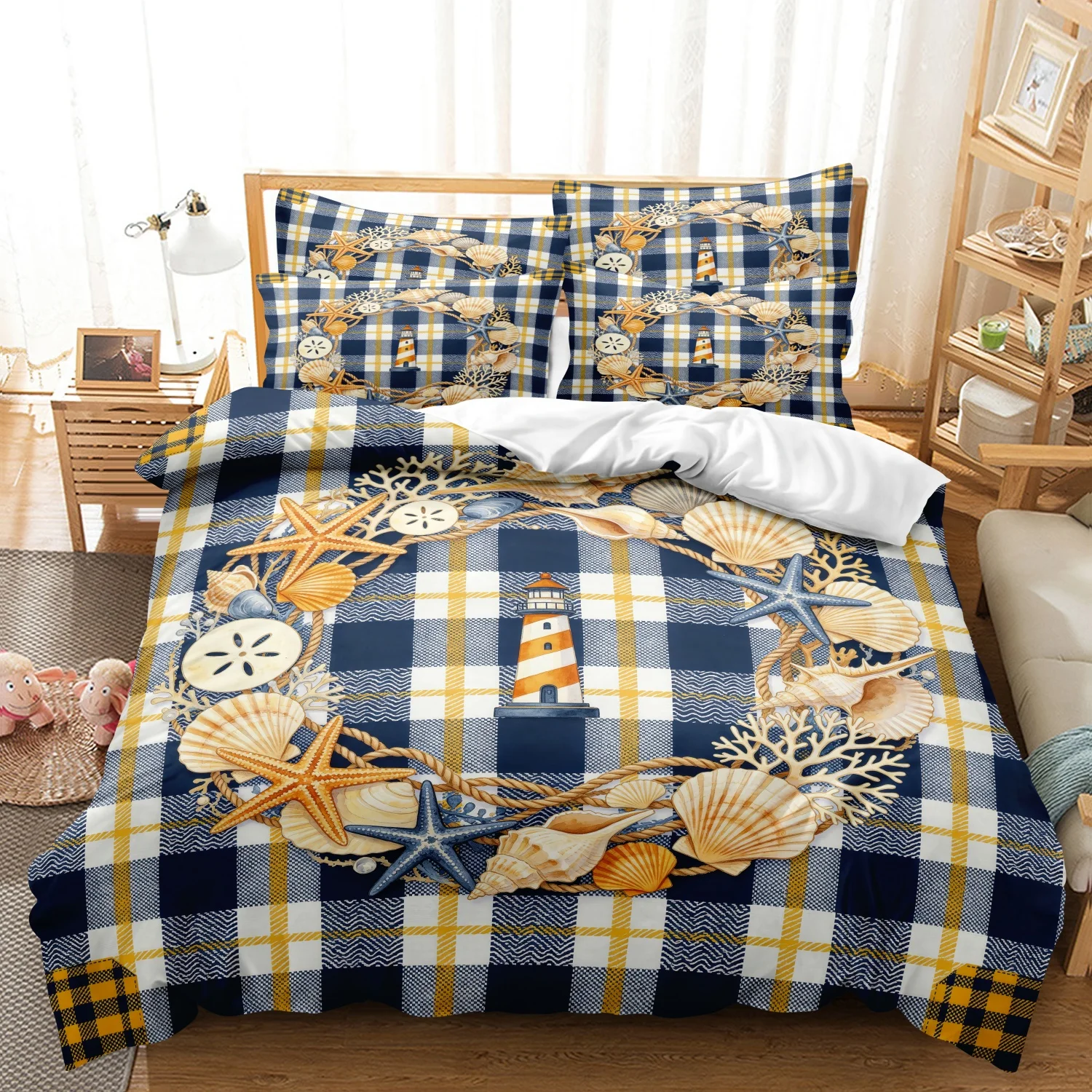 3Pcs Duvet Cover Set, Blue Yellow Plaid Nautical Lighthouse Seashell Starfish Coral Wreath Coastal Print Bedding