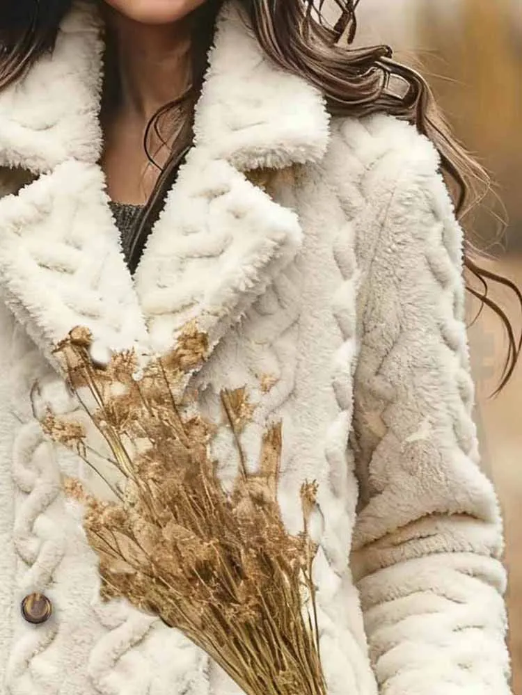 Winter dikke jacquard damesjas eenvoudig effen kleur dubbele rij knopen ontwerp wollen jas casual rechte bovenkleding met lange mouwen