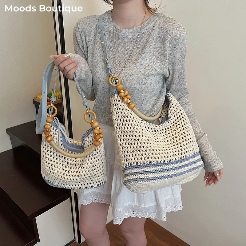 MOODS Boho Style Fashion Shoulder Tote Bags For Women Knitted Summer Beach Large Capacity Shopper Hobo Bags Ideal Gift For Girls