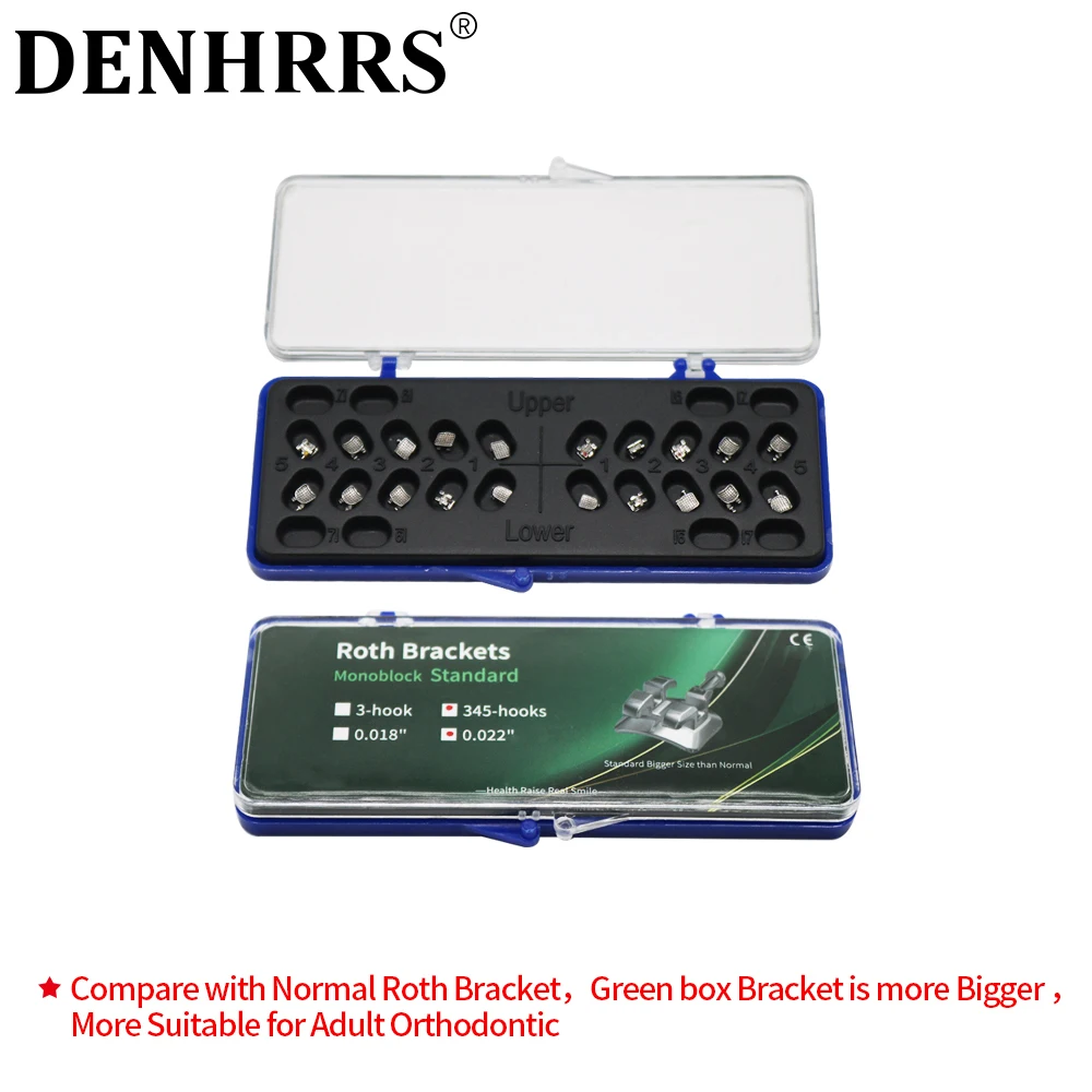 Orthodontic Dental Bracket Green Plastic Box Roth 345Hooks 0.022 Standard Metal（DenHrrs Dental Store）