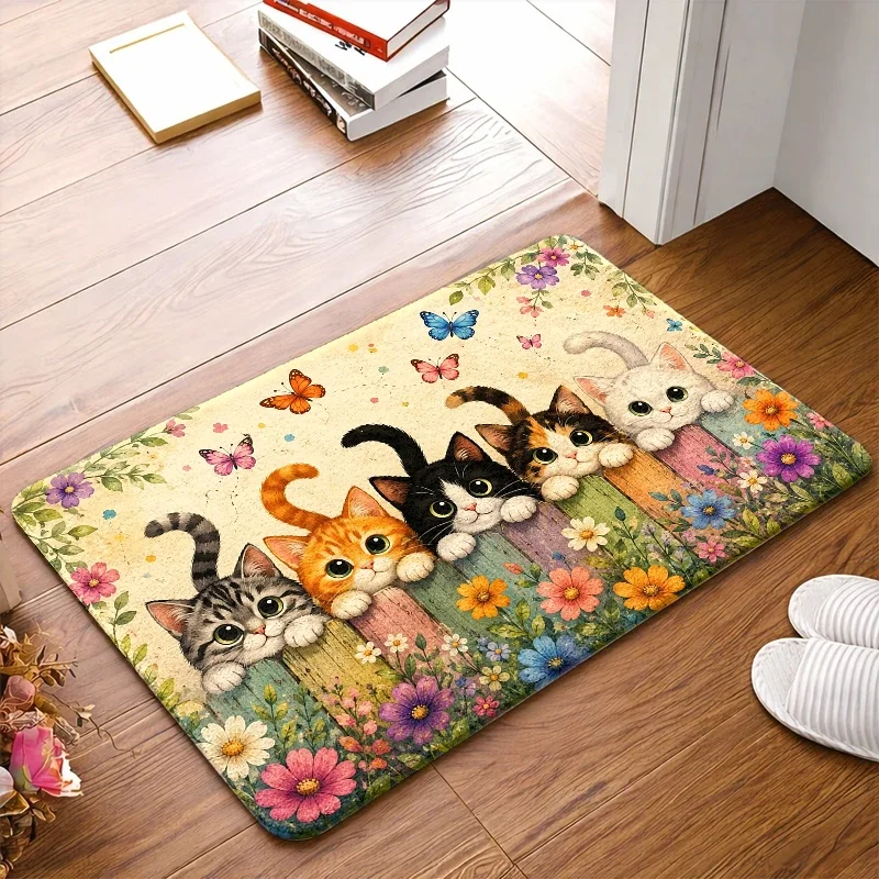 Cute Floral Cat Pattern Polyester Area Rug Indoor Mat for Nursery Bathroom Doorway Whimsical Animal Print Accent Rug Gift Home D