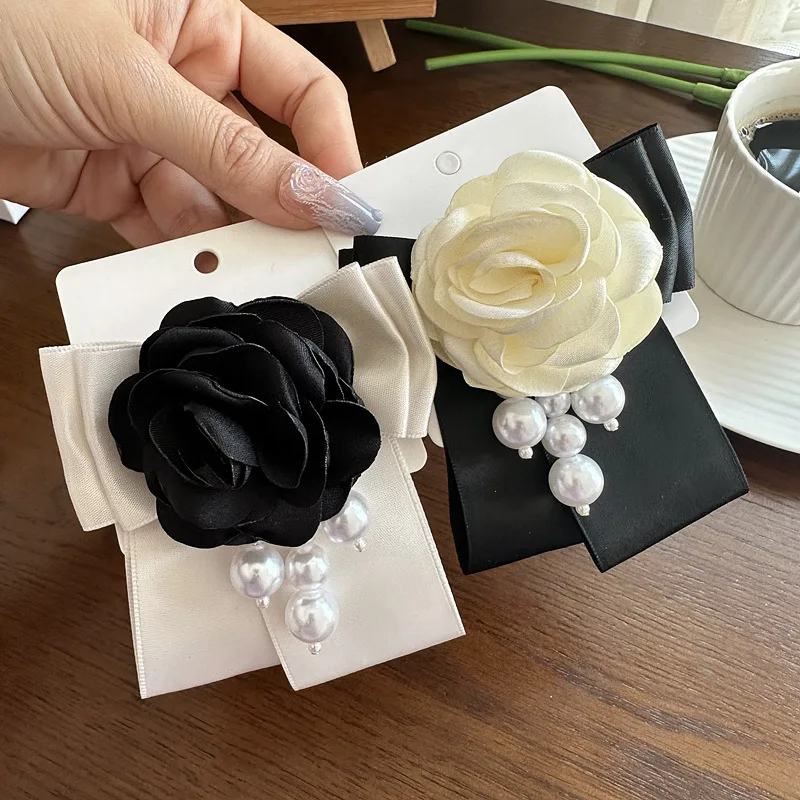 Korean Camellia Bowtie Brooch French Elegant Handmade RibbonPearl Bow Brooch Fashion Women's Clothing Shirt Accessories Gifts