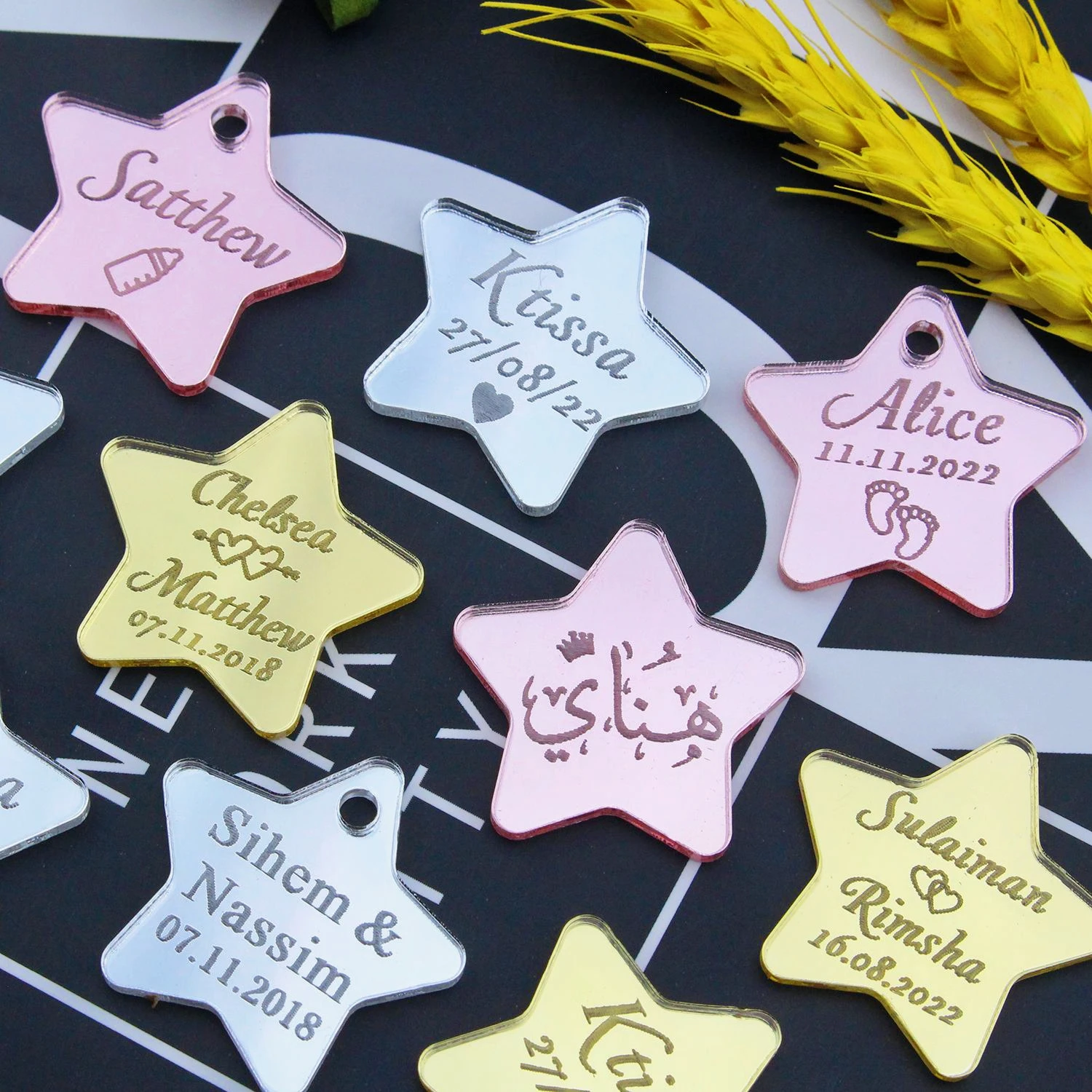 30/50/100pcs Personalized Engraved Gold Acrylic Mirror Star Tag Custom Couple Name Wedding Confetti Baby Shower Party Gift Decor