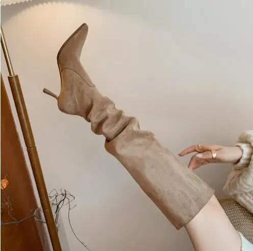 

Winter Women Apricot Black Brown Suede Pointed Toe 7 CM Thin Heels Pleated Knee High Boots Lady Tube Slip On Long Botas Shoes