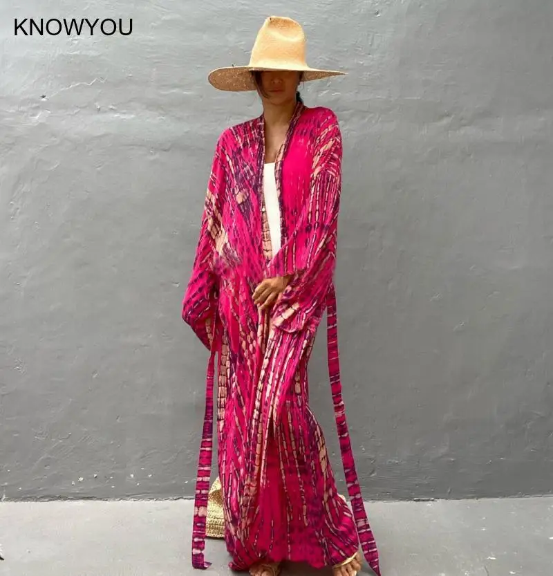 Boho Streifen Tie Dye Badeanzug Cover Up Kimonos Ponchos Bikini Beachwear Strand Robe Femme Langes Kleid Tunika Sarong Strickjacke